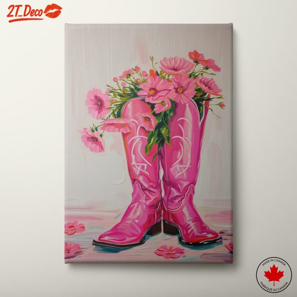 Pink Cowboy Boots with Flowers Art