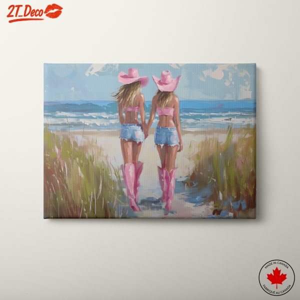 Stylish Beach Walk with Pink Hats