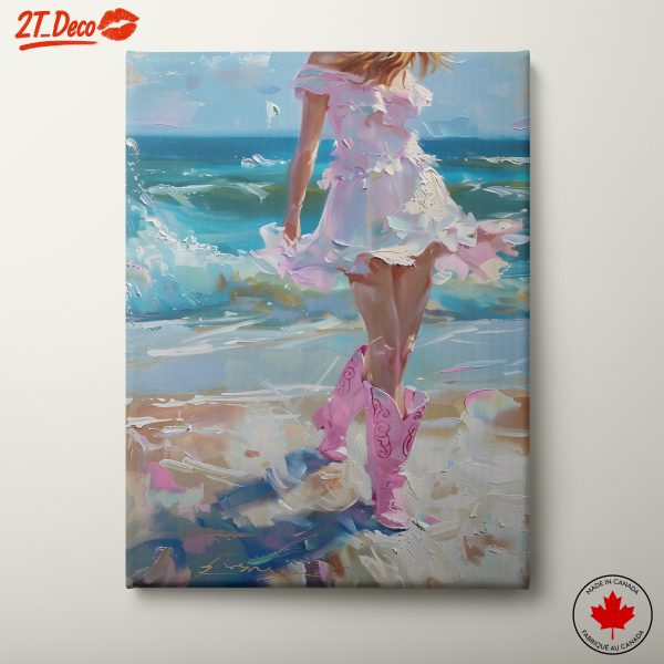 Whimsical Beach Scene with Pink Cowboy Boots