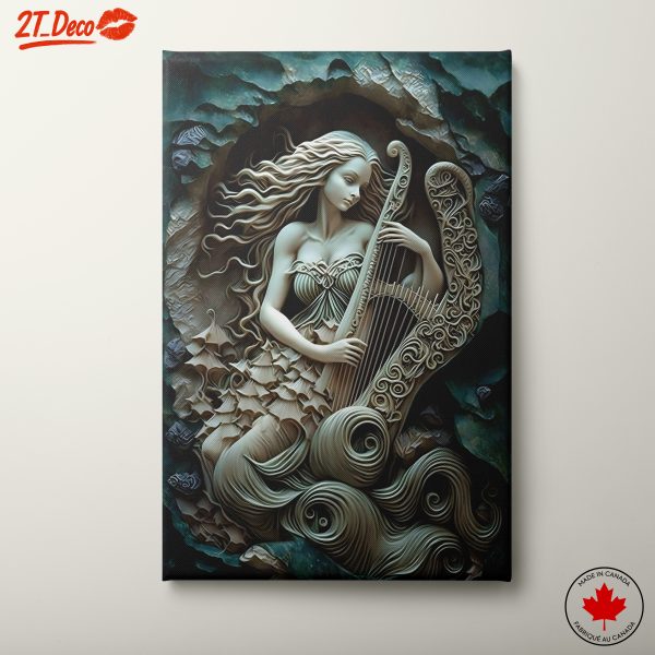 Fantasy Mermaid Playing Harp Sculpture Art