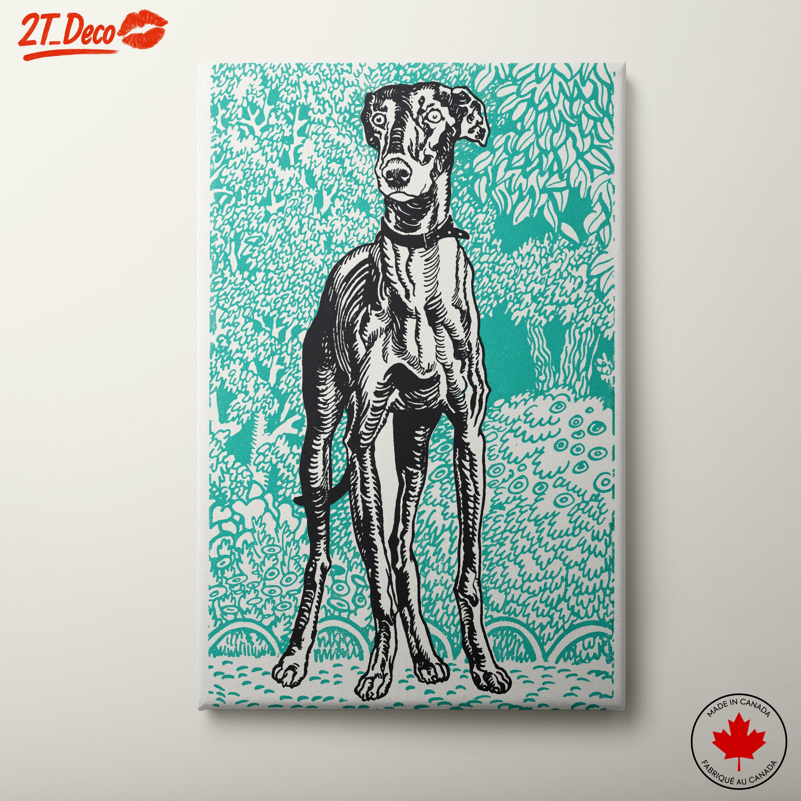 Stylized Dog Portrait Against Turquoise Background