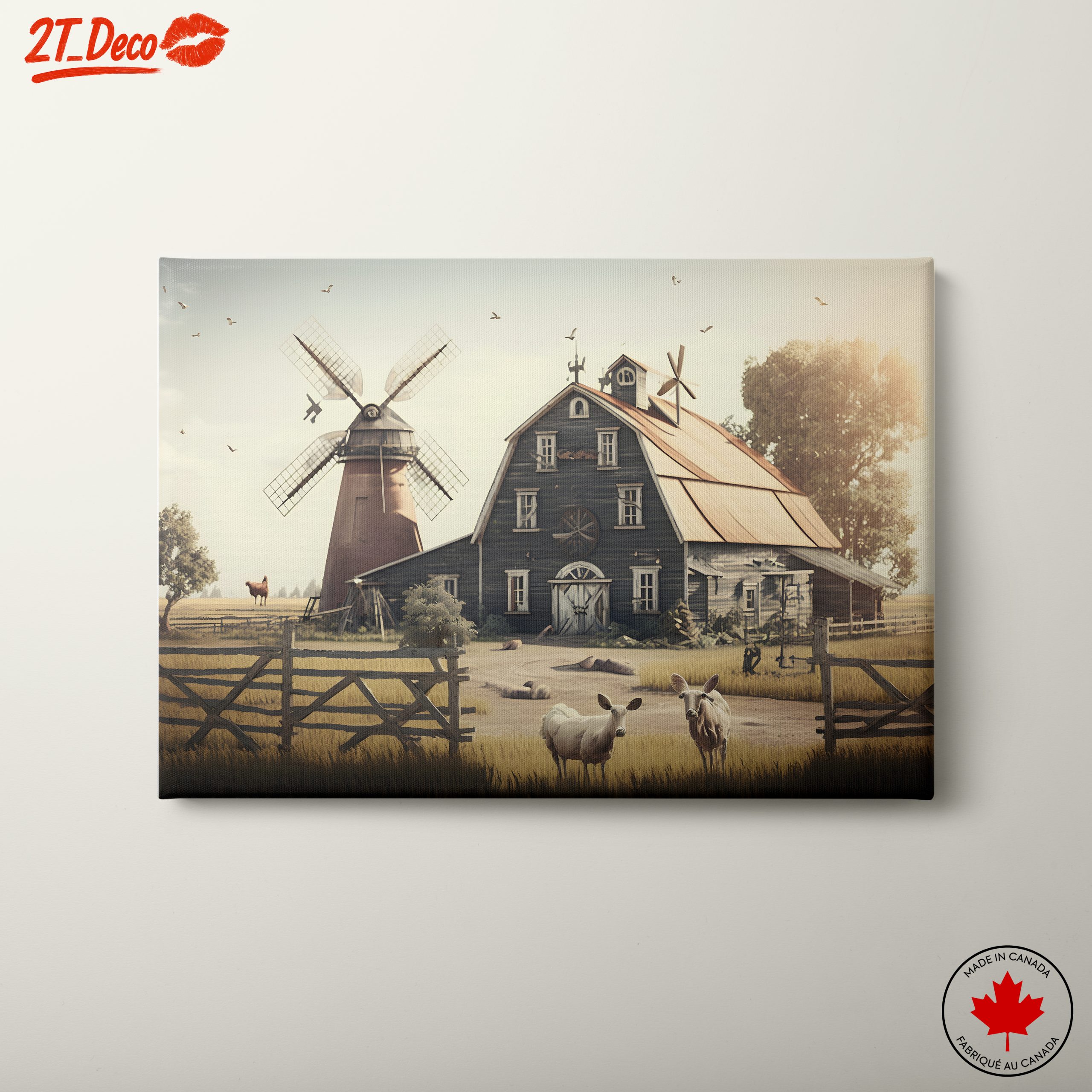 Rustic Farm Scene with Animals and Windmill