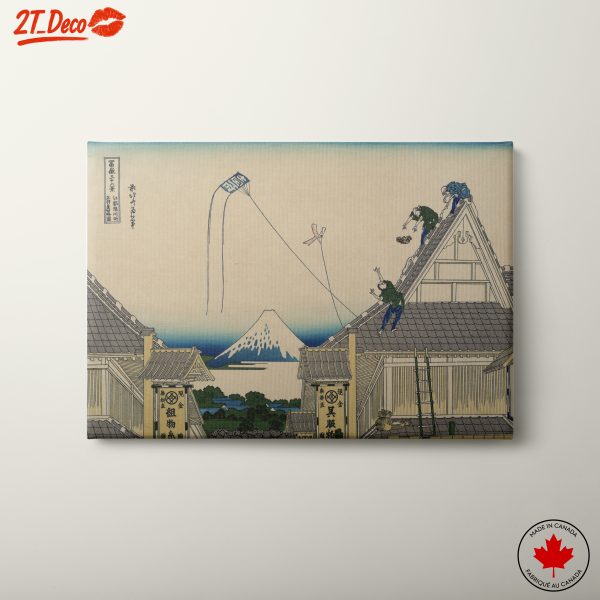 Japanese Woodblock Print of Workers with Mount Fuji