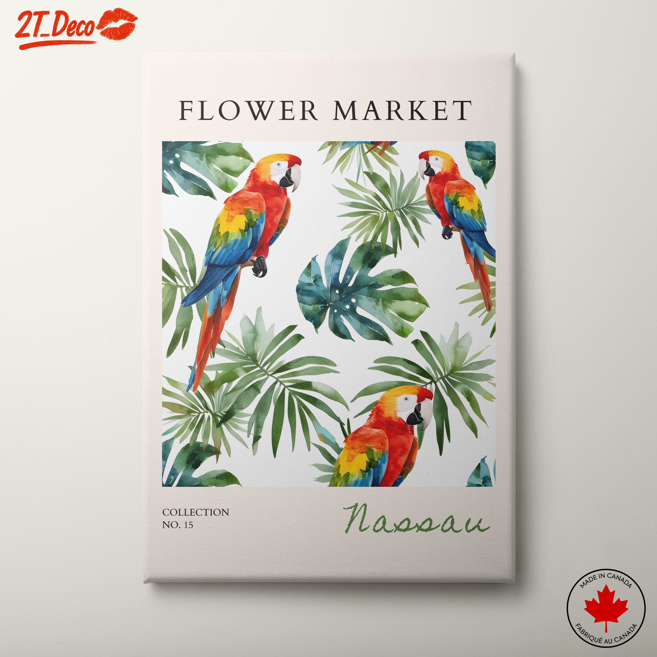 Tropical Flower Market Art with Parrots