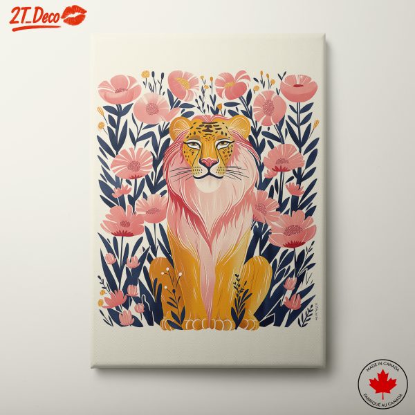 Stylized Lion Among Pink Flowers