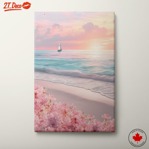 Tranquil Seascape at Sunset with Pink Flowers