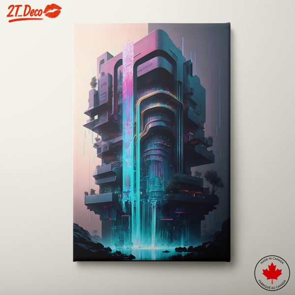 Futuristic Urban Landscape with Waterfall