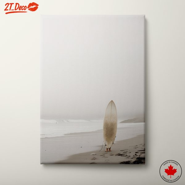 Surfboard on Foggy Beach Landscape