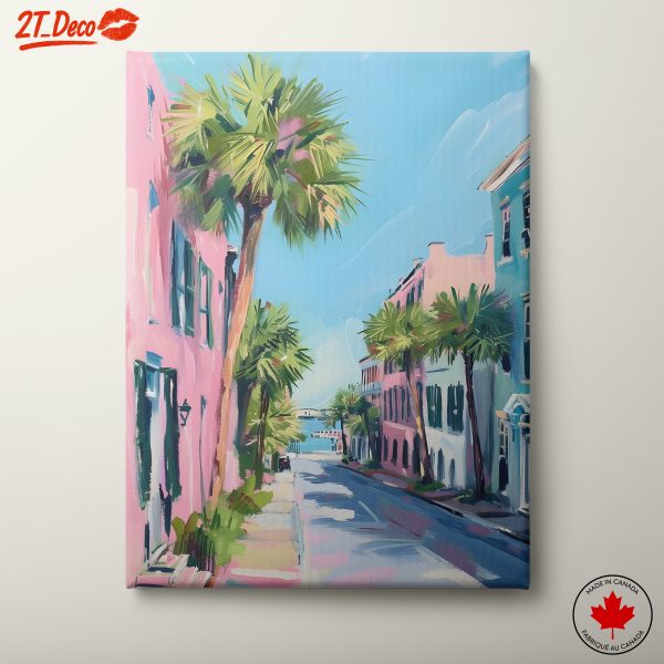 Vibrant Coastal Street Scene with Palm Trees