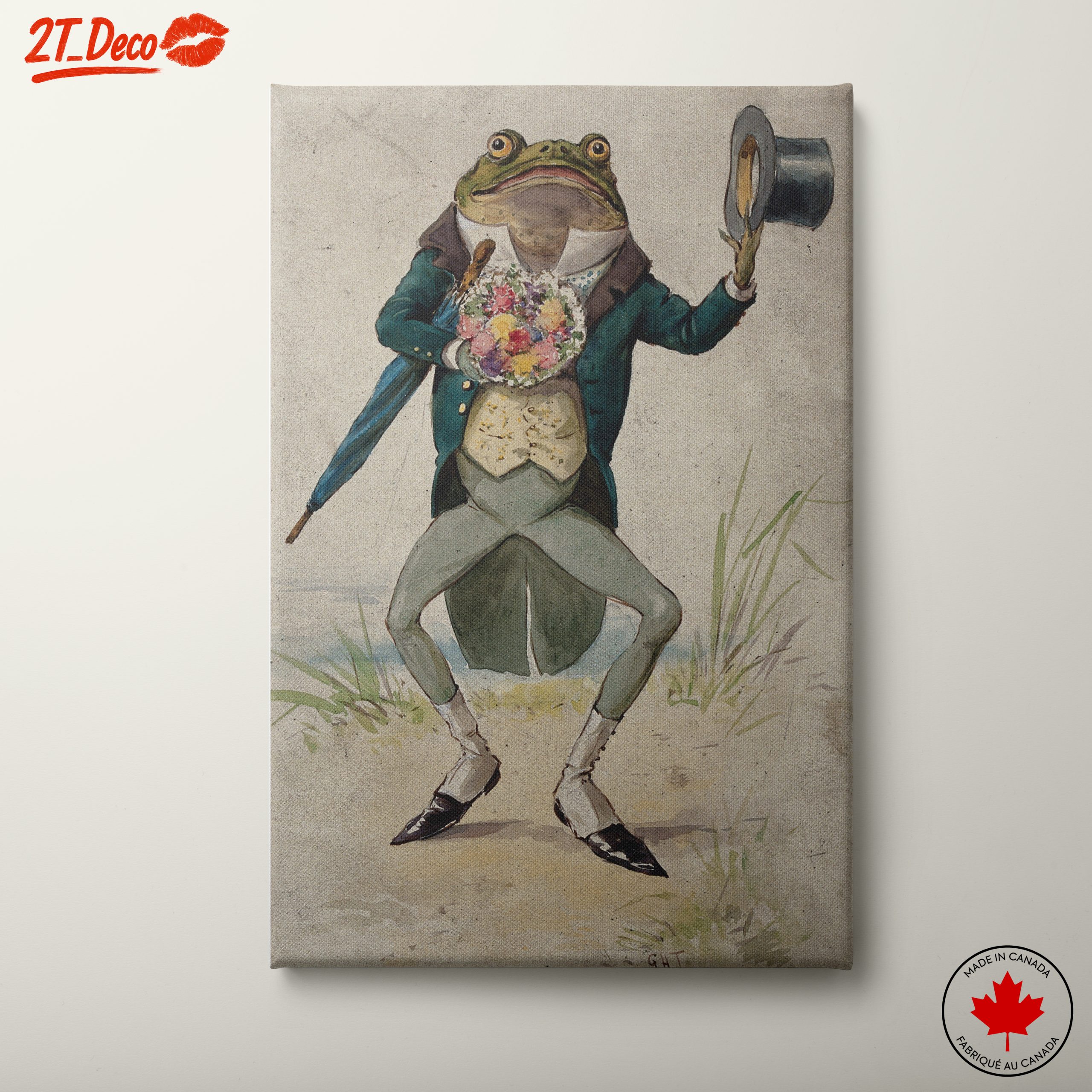 Elegant Frog in a Top Hat Holding Flowers