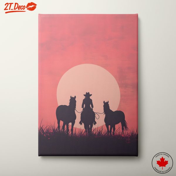 Silhouette Cowgirl with Horses at Sunset