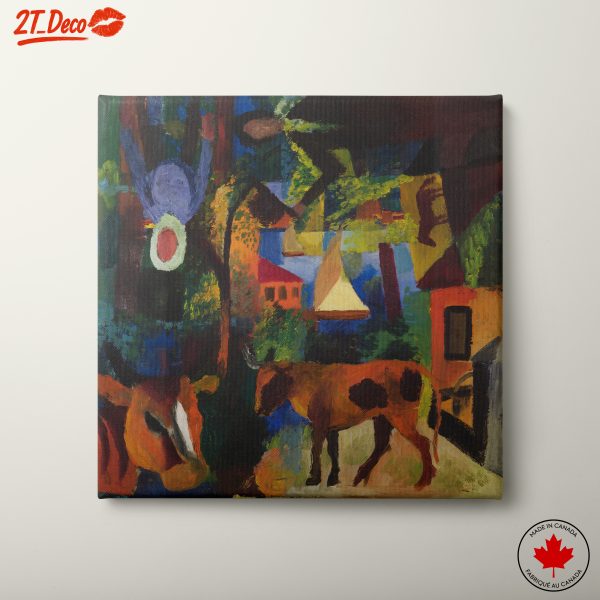 Vibrant Abstract Landscape with Cows and Sailboats