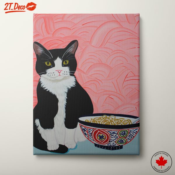 Whimsical Black and White Cat with Noodles