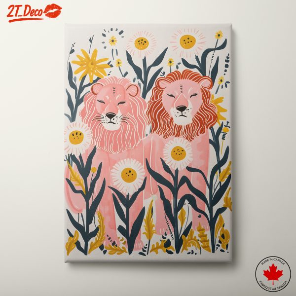 Stylized Lions in Colorful Floral Scene