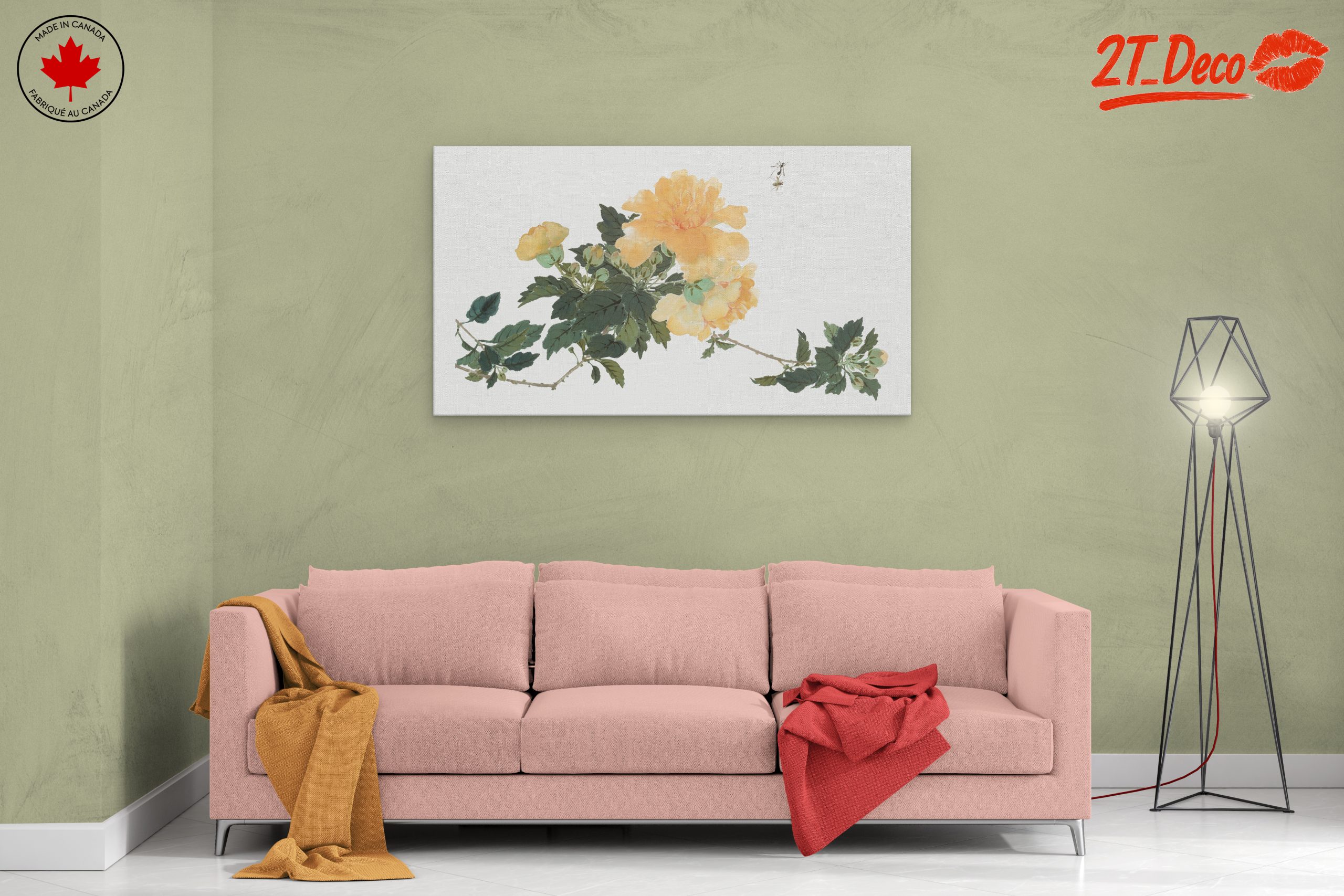 Delicate Yellow Floral Art with Green Leaves - Image 2