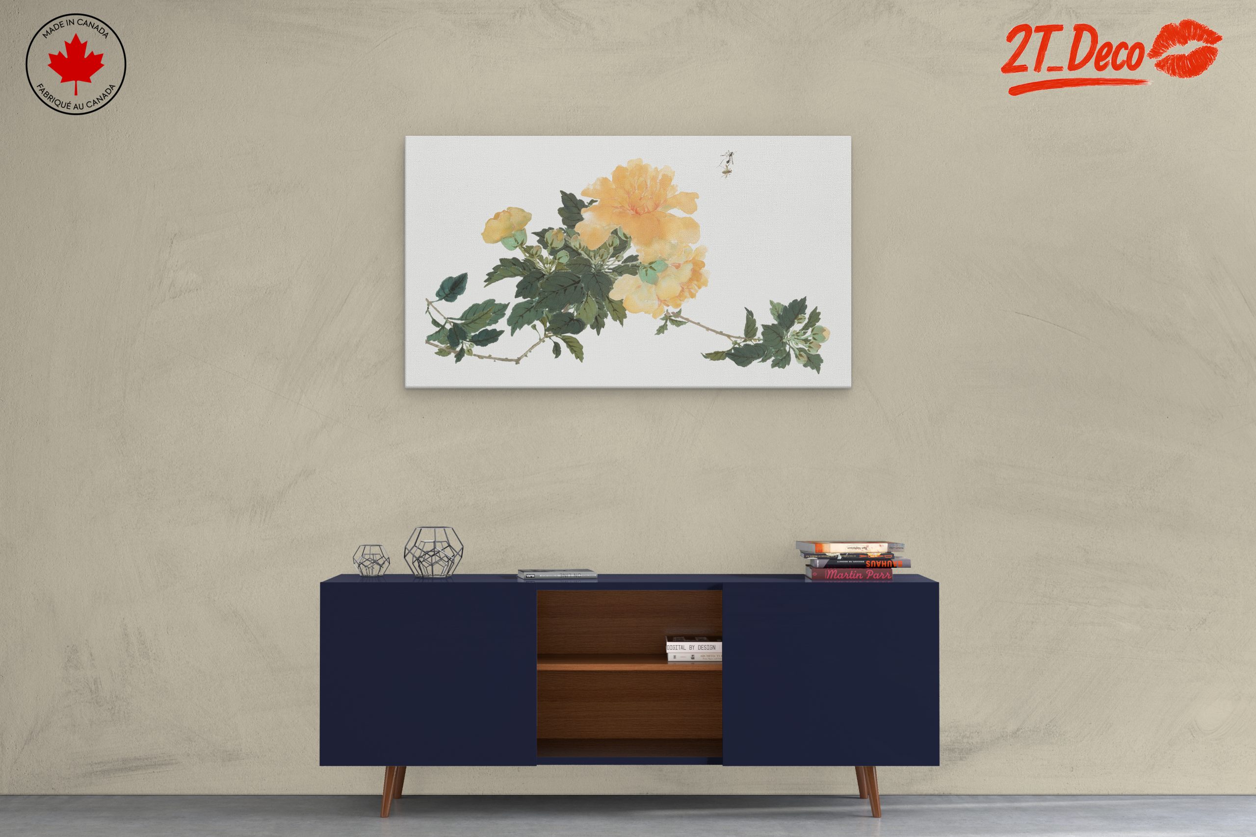 Delicate Yellow Floral Art with Green Leaves - Image 3