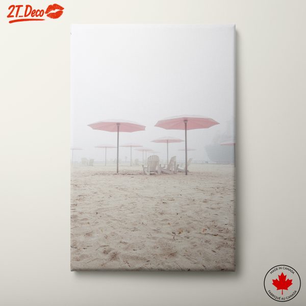 Foggy Beach Scene with Umbrellas