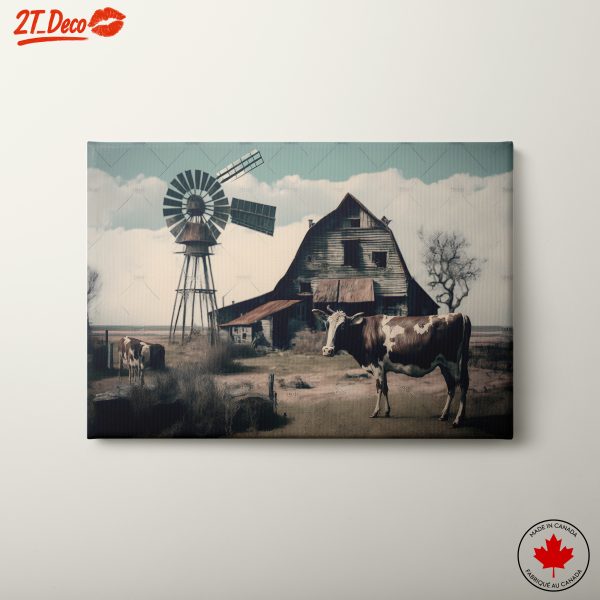Rustic Farm Scene with Cows and Windmill