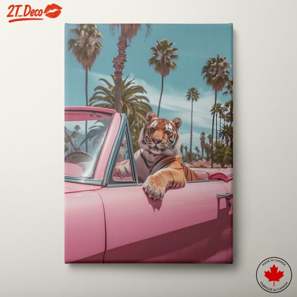 Tiger in a Pink Convertible with Palm Trees