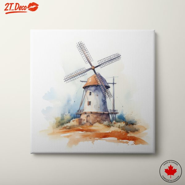 Charming Watercolor Windmill Landscape Art
