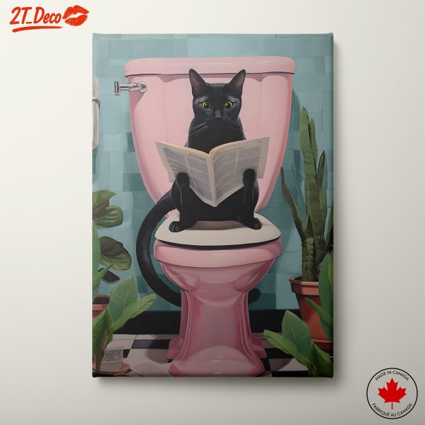 Whimsical Cat on Toilet Reading Art