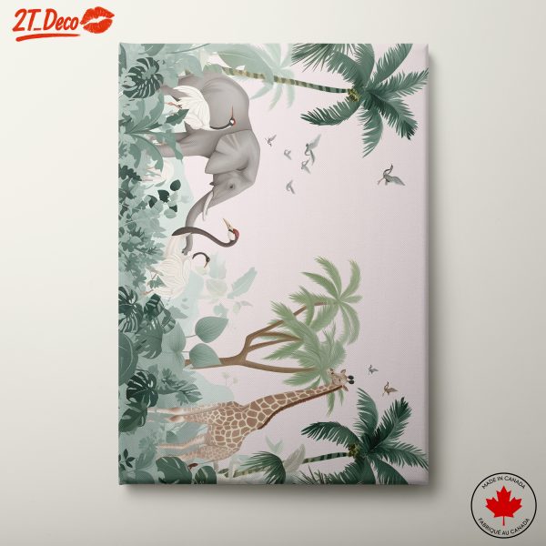 Tropical Whimsical Animal Art with Elephant and Giraffe