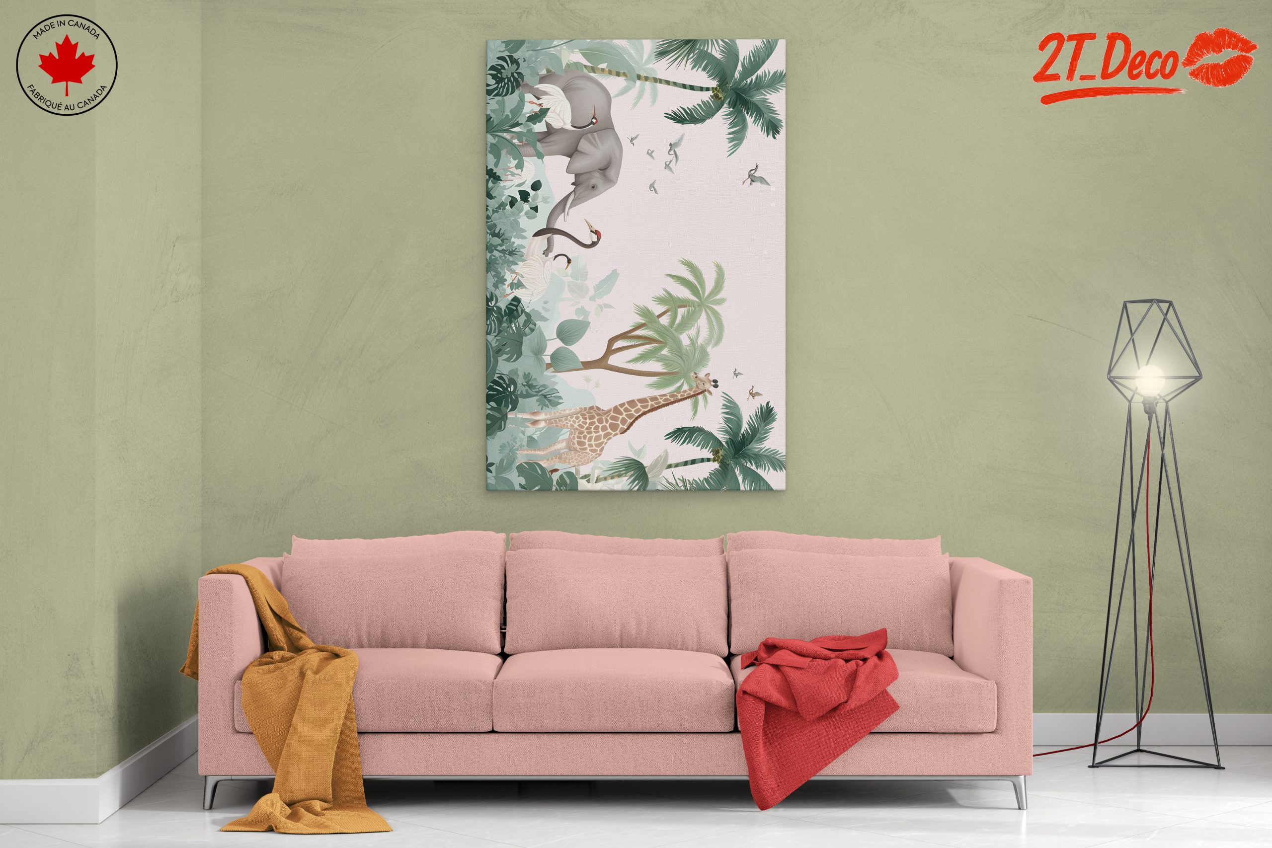 Tropical Whimsical Animal Art with Elephant and Giraffe - Image 2