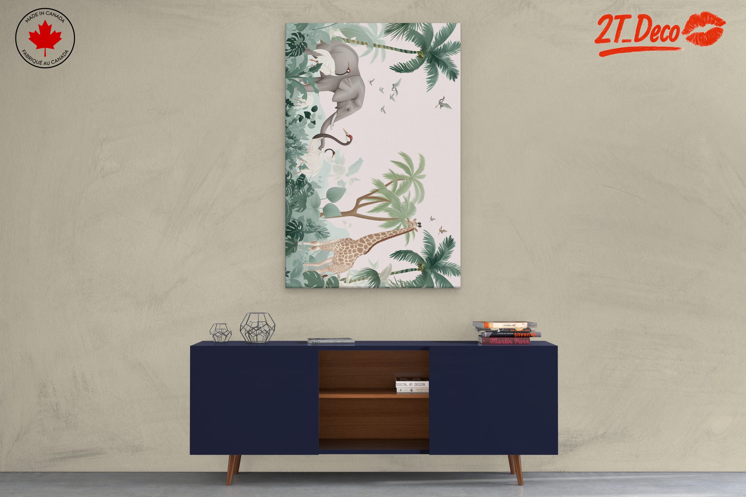 Tropical Whimsical Animal Art with Elephant and Giraffe - Image 3