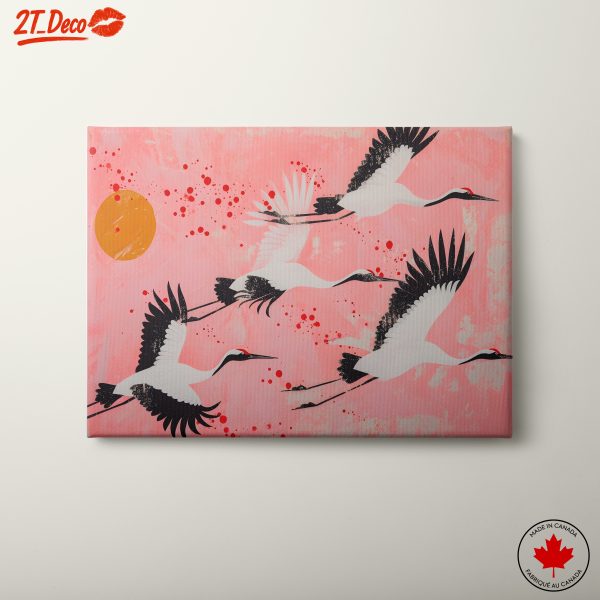 Stylized Cranes in Flight Against a Pink Background