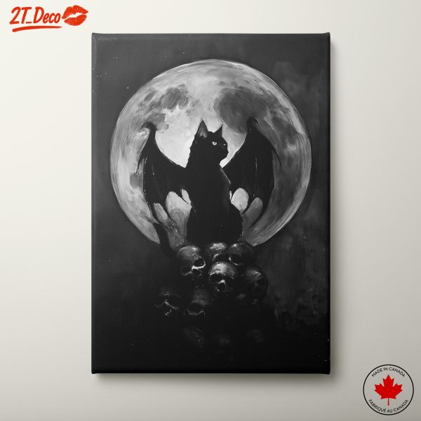 Whimsical Bat-Cat Artwork with Full Moon