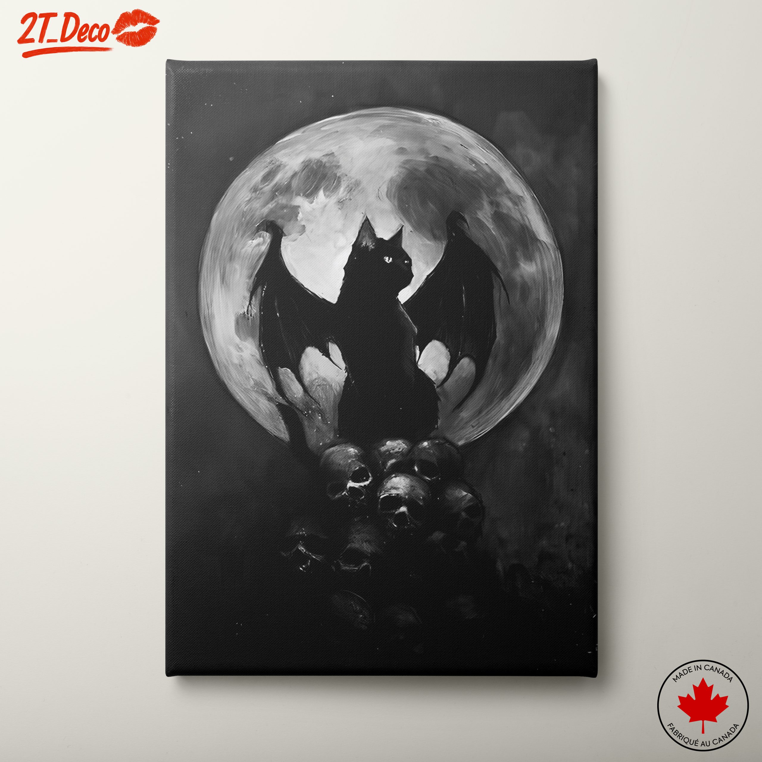 Whimsical Bat-Cat Artwork with Full Moon