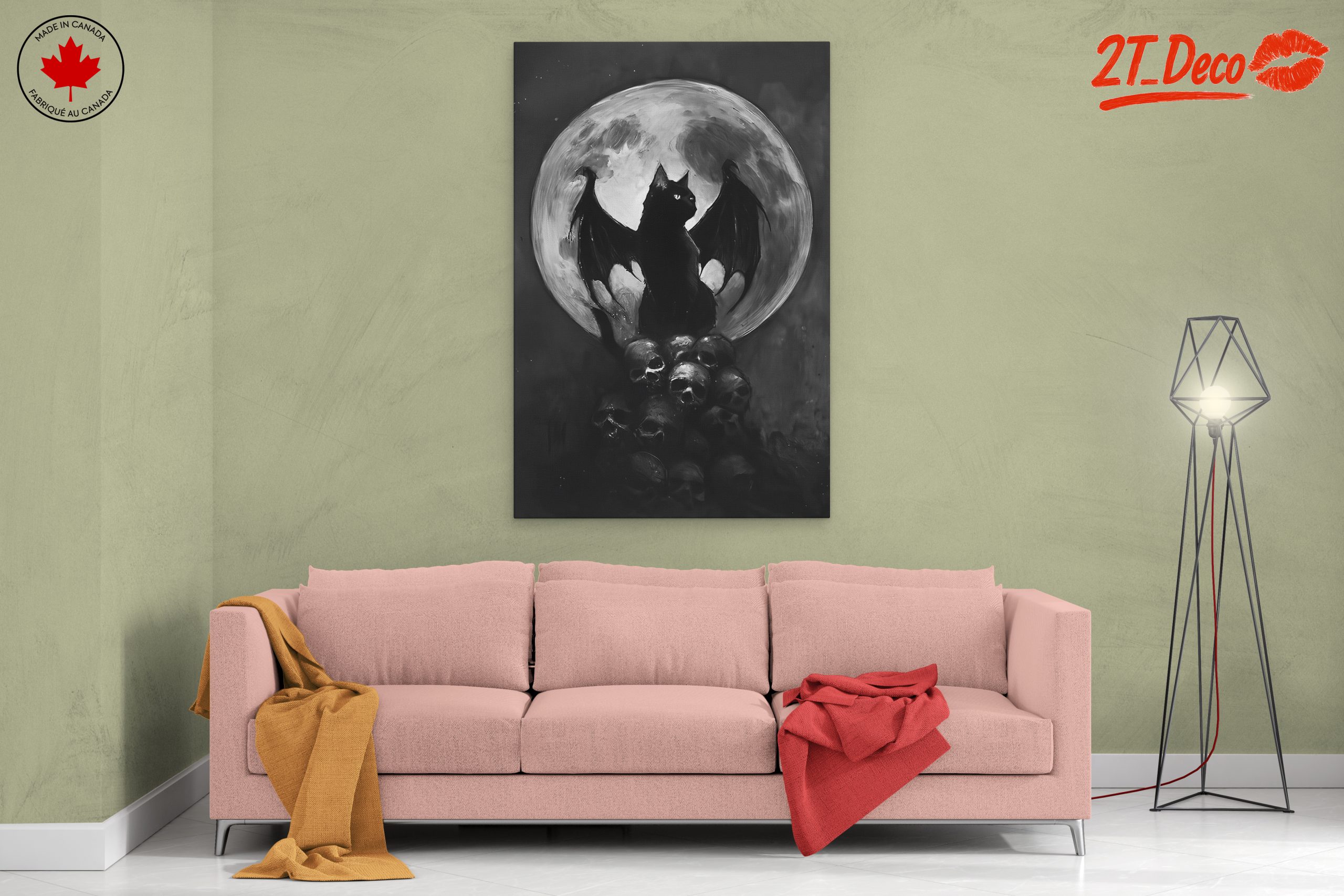 Whimsical Bat-Cat Artwork with Full Moon - Image 2