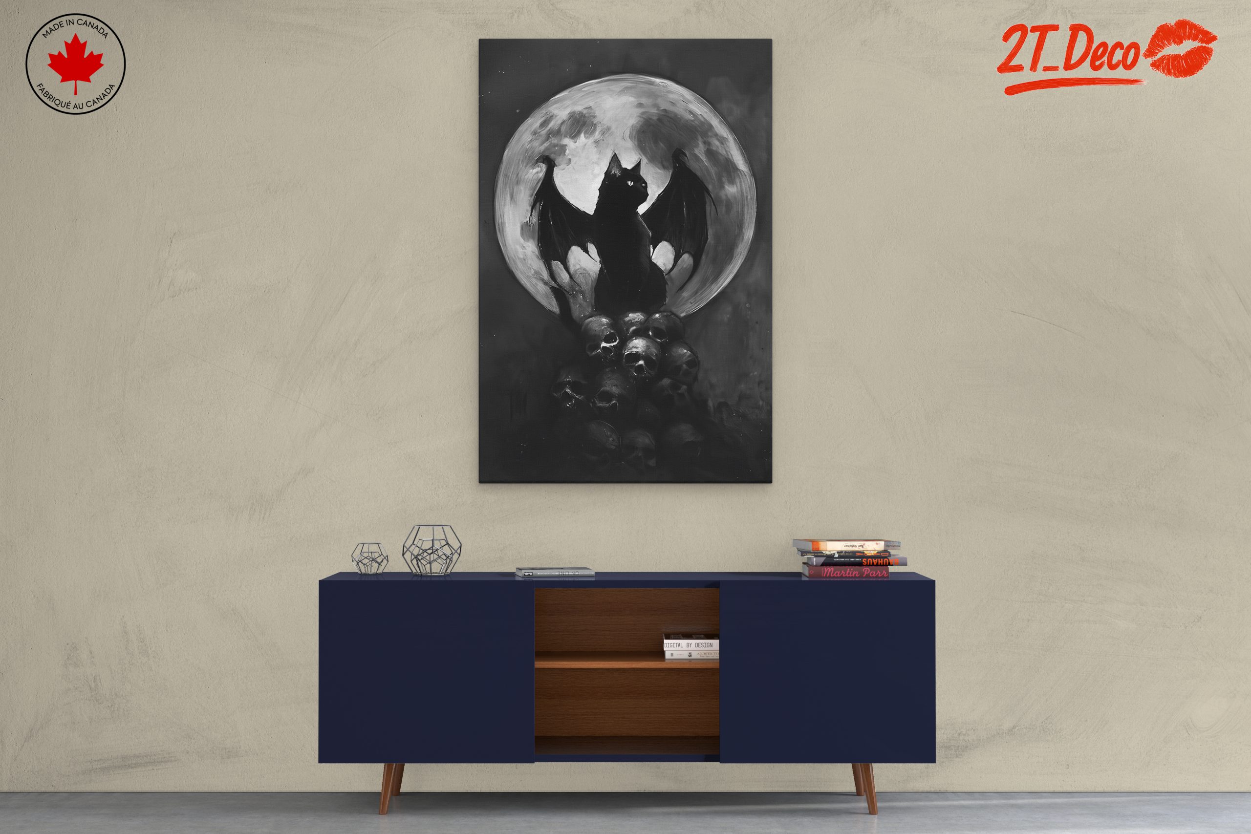 Whimsical Bat-Cat Artwork with Full Moon - Image 3