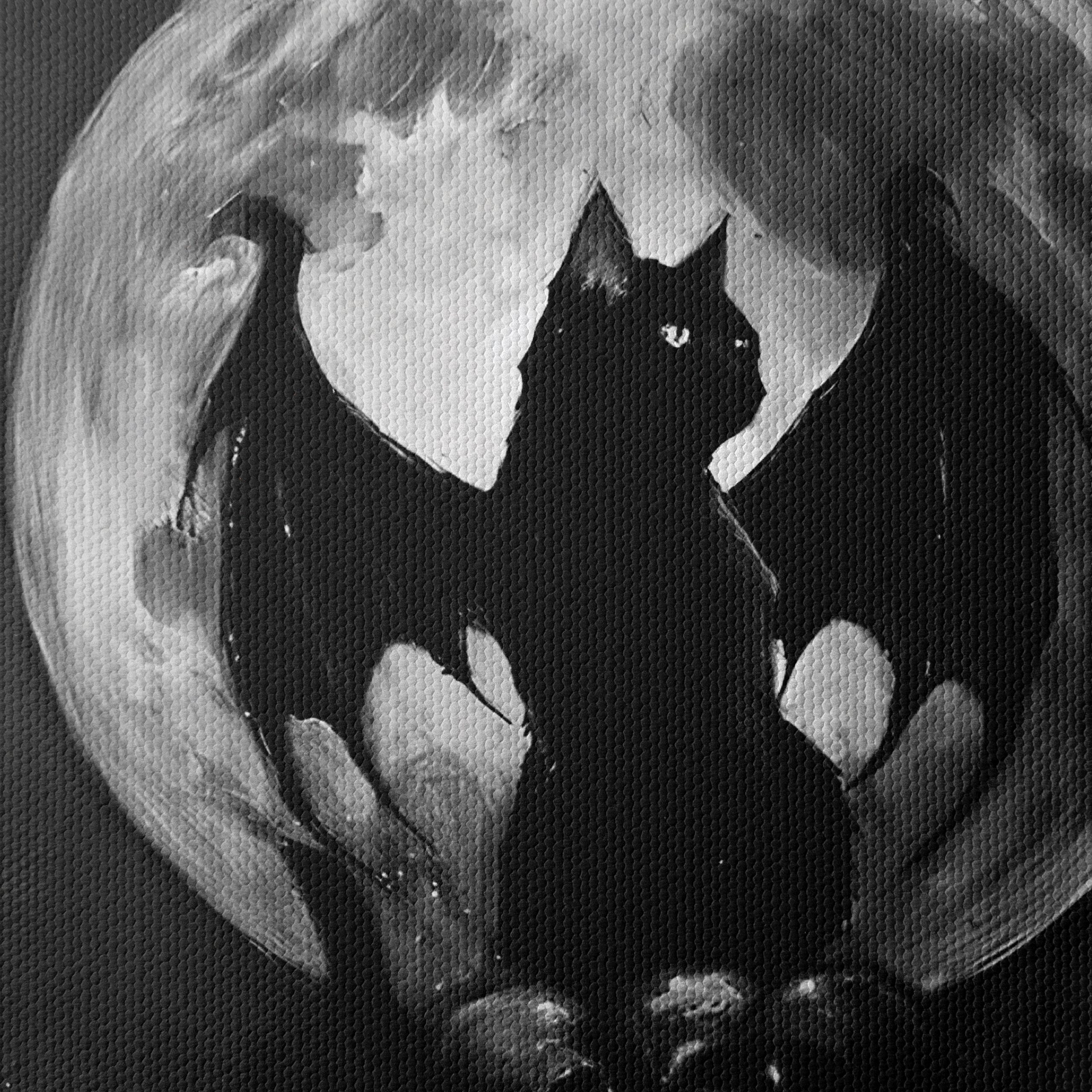 Whimsical Bat-Cat Artwork with Full Moon - Image 4