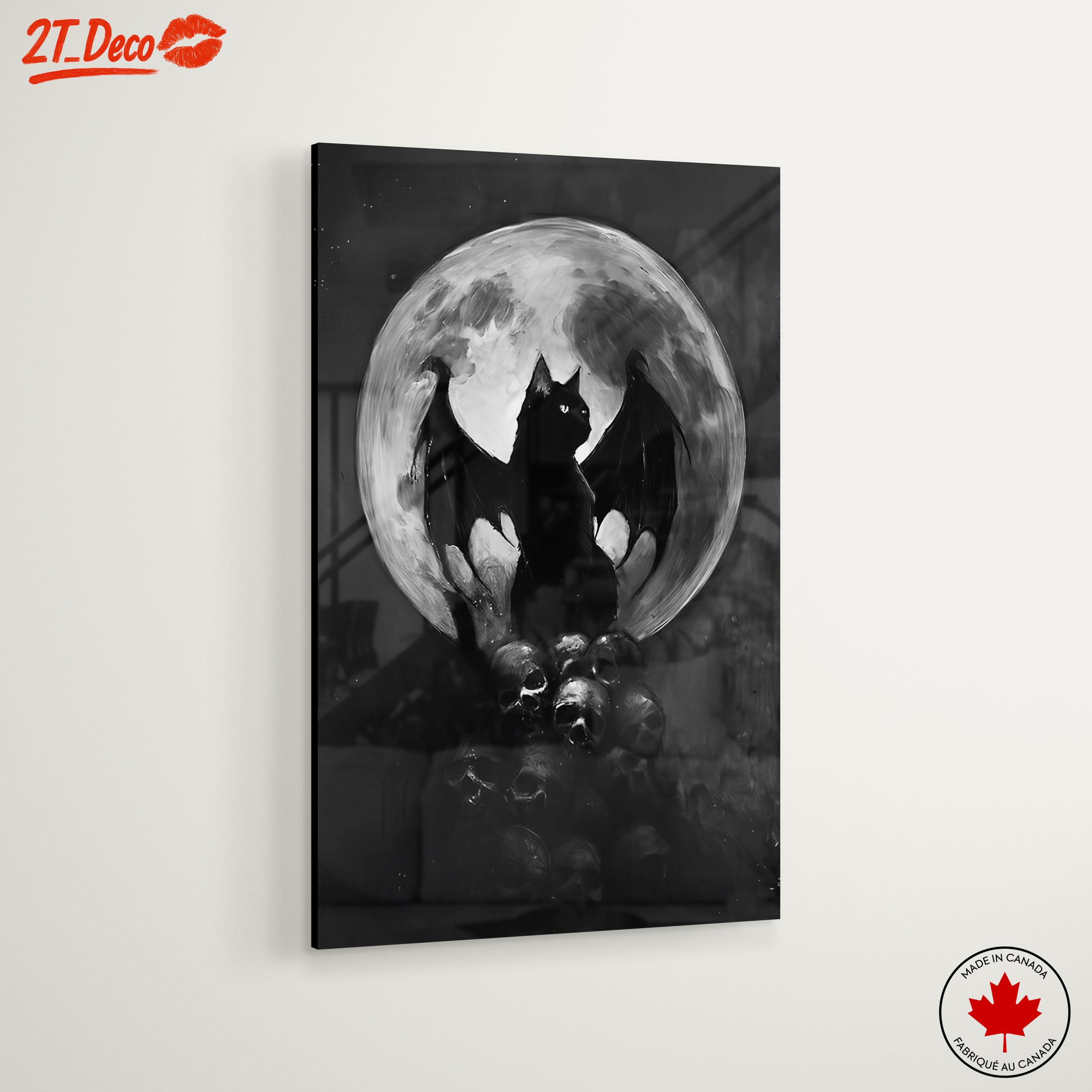 Whimsical Bat-Cat Artwork with Full Moon - Image 6