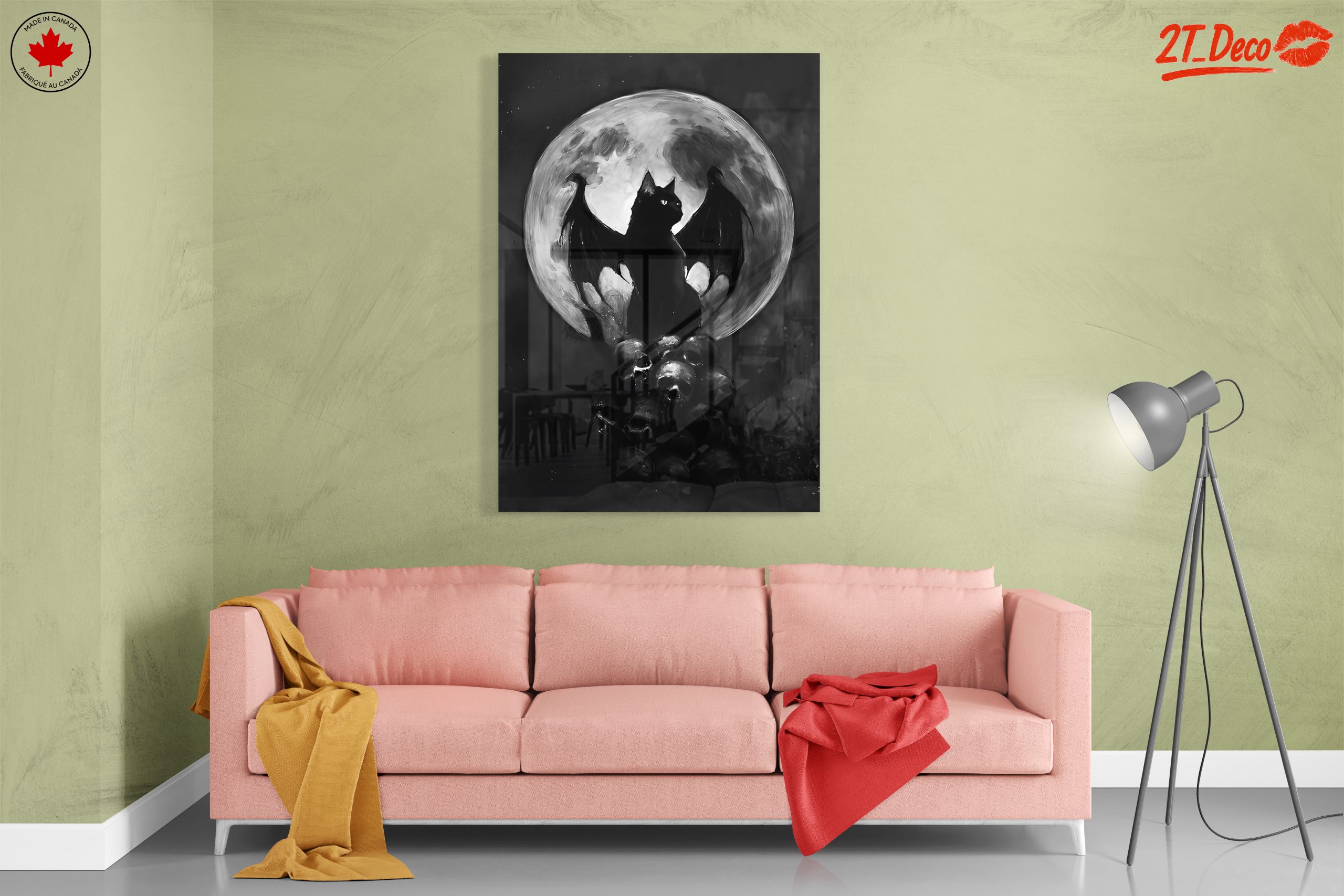 Whimsical Bat-Cat Artwork with Full Moon - Image 7
