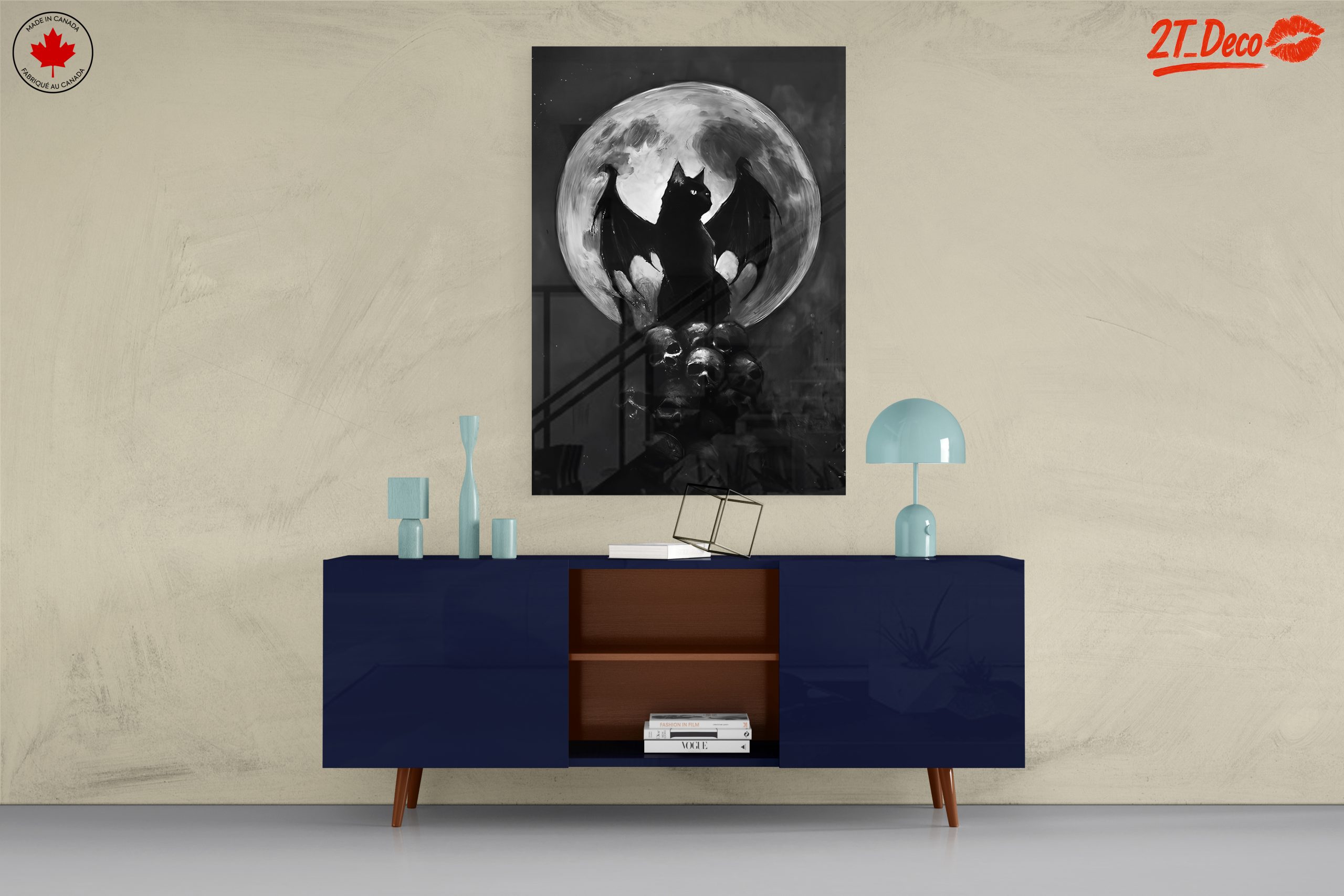Whimsical Bat-Cat Artwork with Full Moon - Image 8