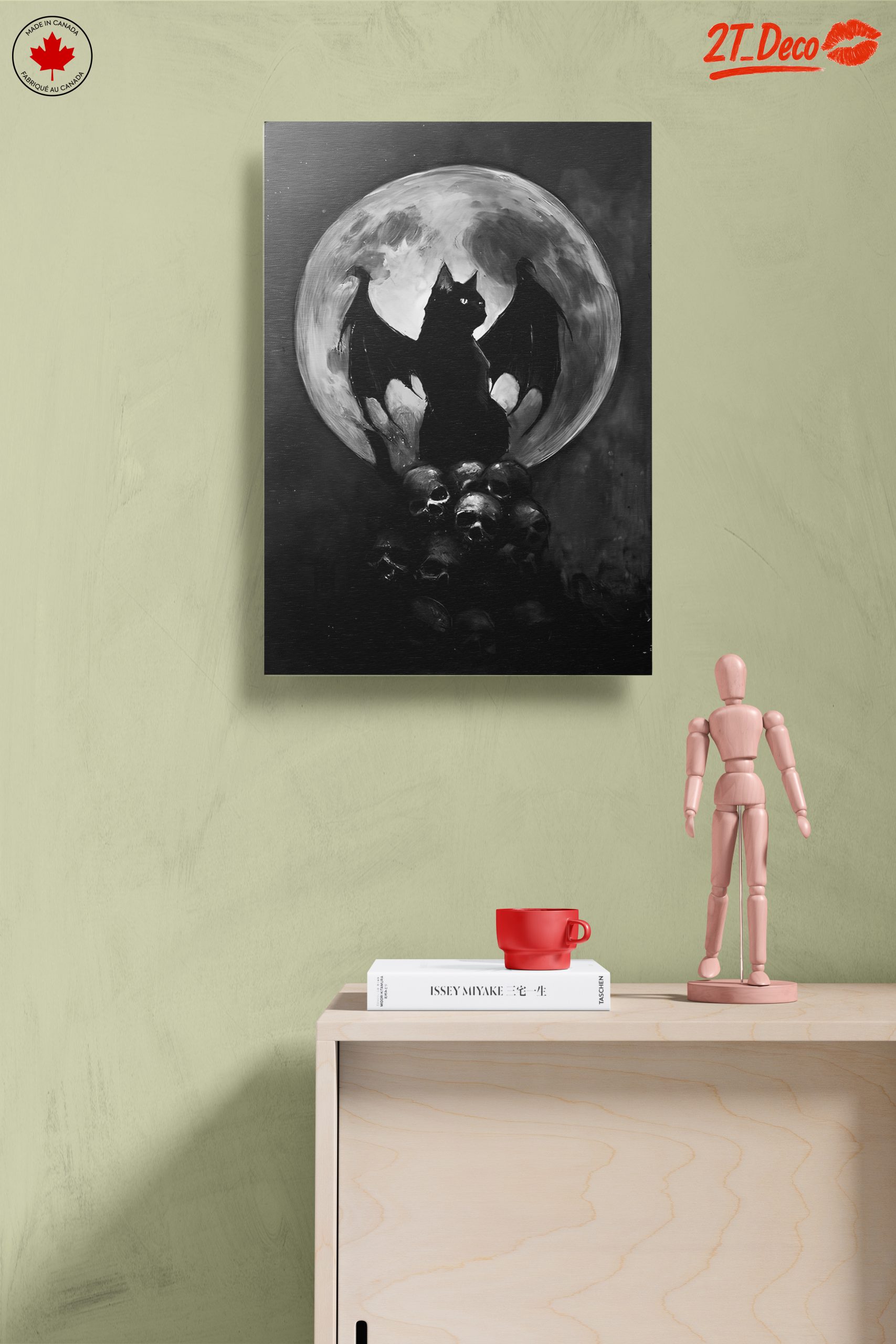 Whimsical Bat-Cat Artwork with Full Moon - Image 14