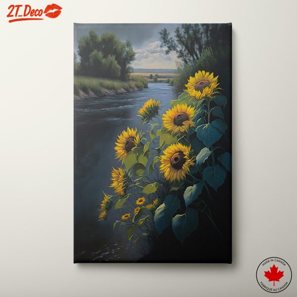 Sunflowers by a Serene River Landscape
