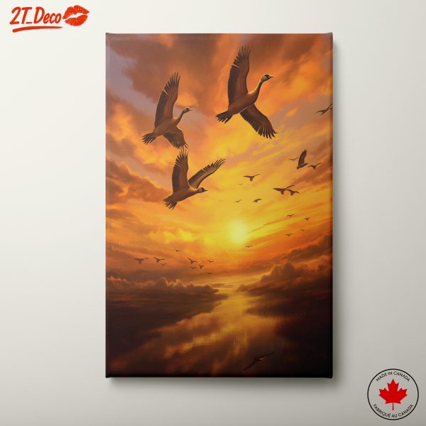 Golden Sunset Over Tranquil Waters with Flying Birds