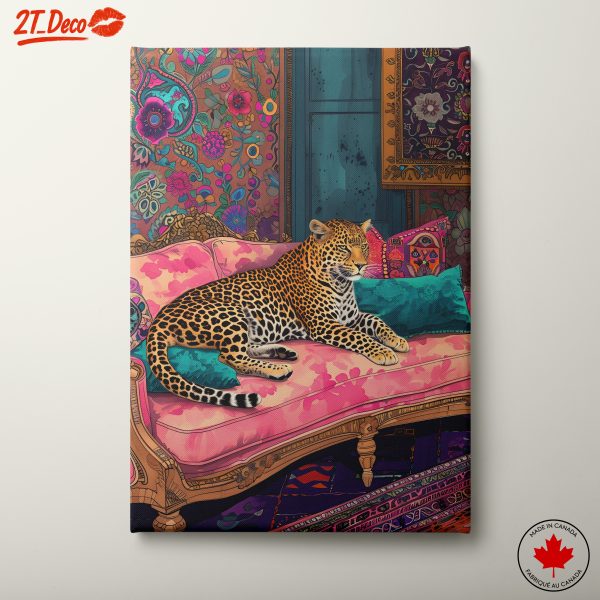 Leopard on Colorful Couch in Vibrant Setting