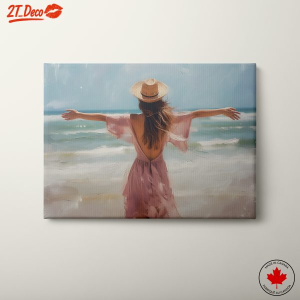 Serene Coastal Scene with Woman in Pink Dress