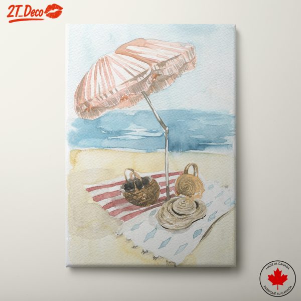 Colorful Beach Scene with Umbrella and Baskets