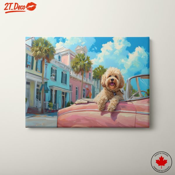 Adorable Dog by Vintage Car in Tropical Setting
