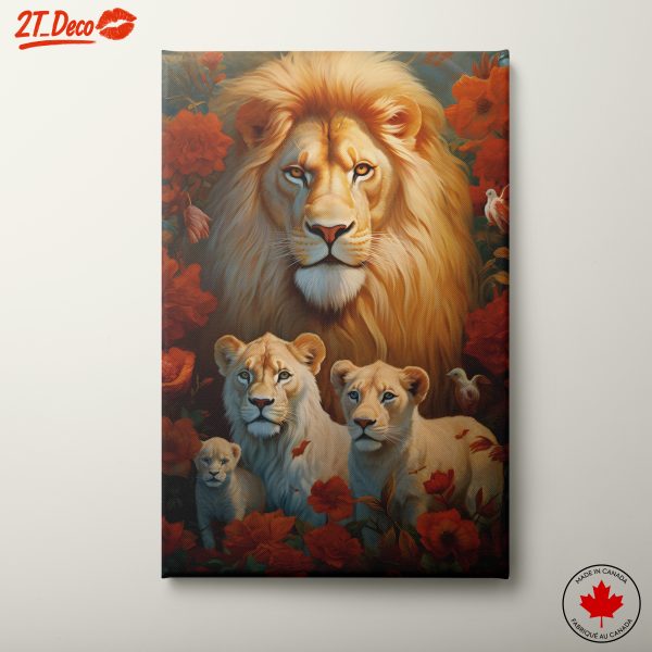 Majestic Lion Family in Blooming Landscape