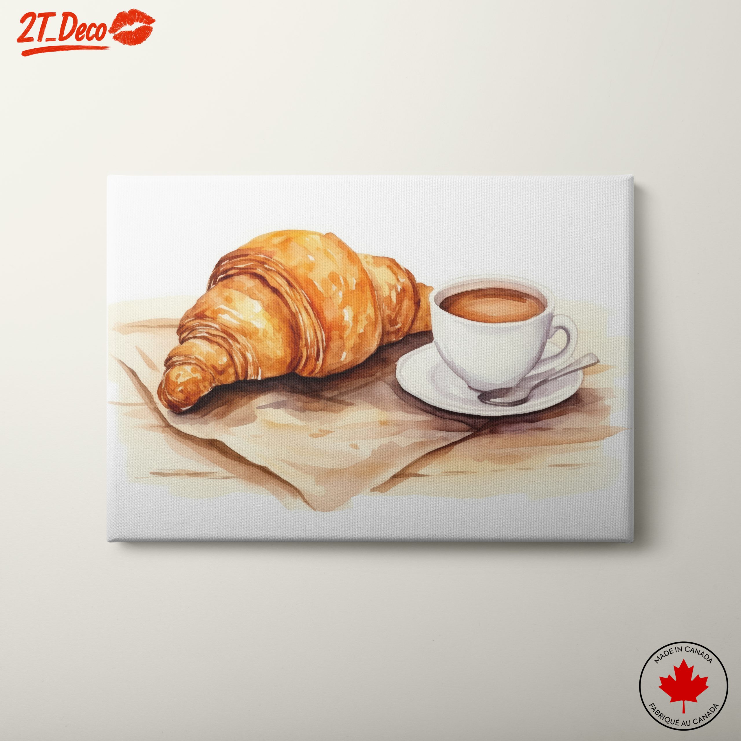 Watercolor Croissant and Coffee Artwork