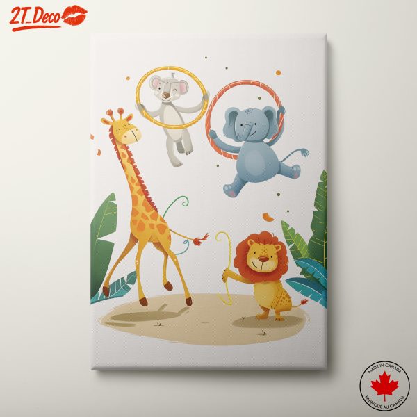 Whimsical Cute Animal Artwork Featuring Giraffe, Elephant, and Lion