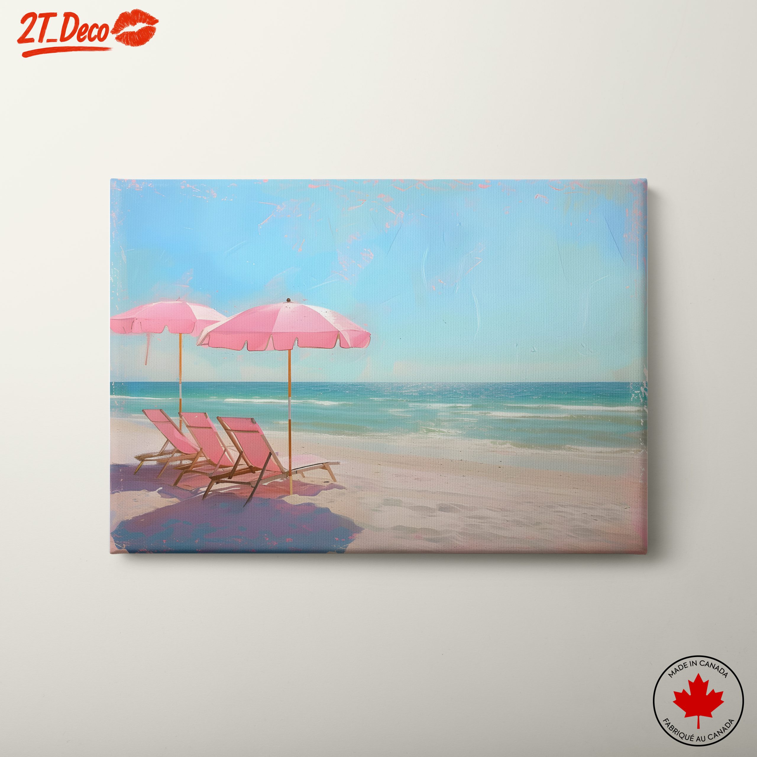 Tranquil Beach Scene with Pink Umbrellas