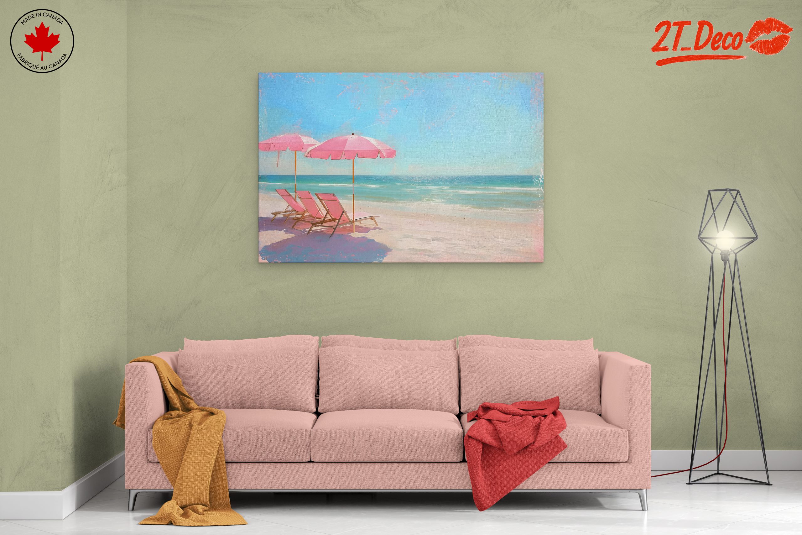 Tranquil Beach Scene with Pink Umbrellas - Image 2