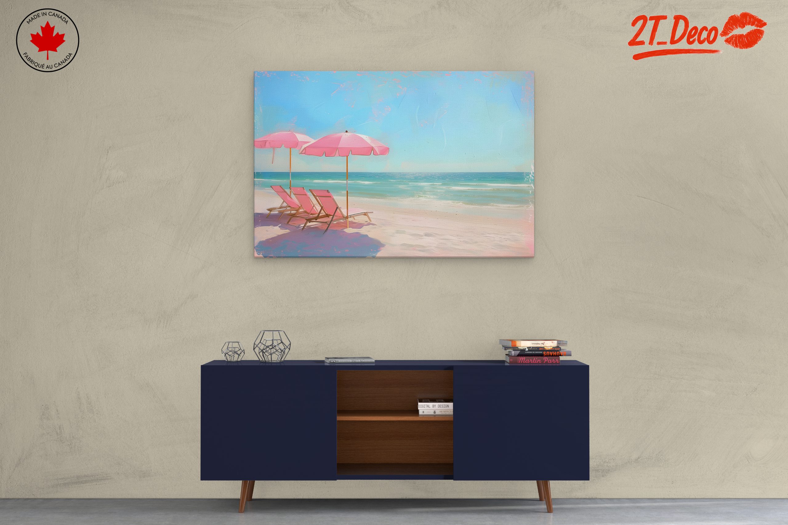 Tranquil Beach Scene with Pink Umbrellas - Image 3